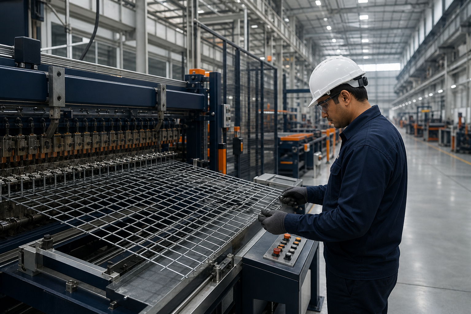 Engineer reviewing precision steel mesh during production
