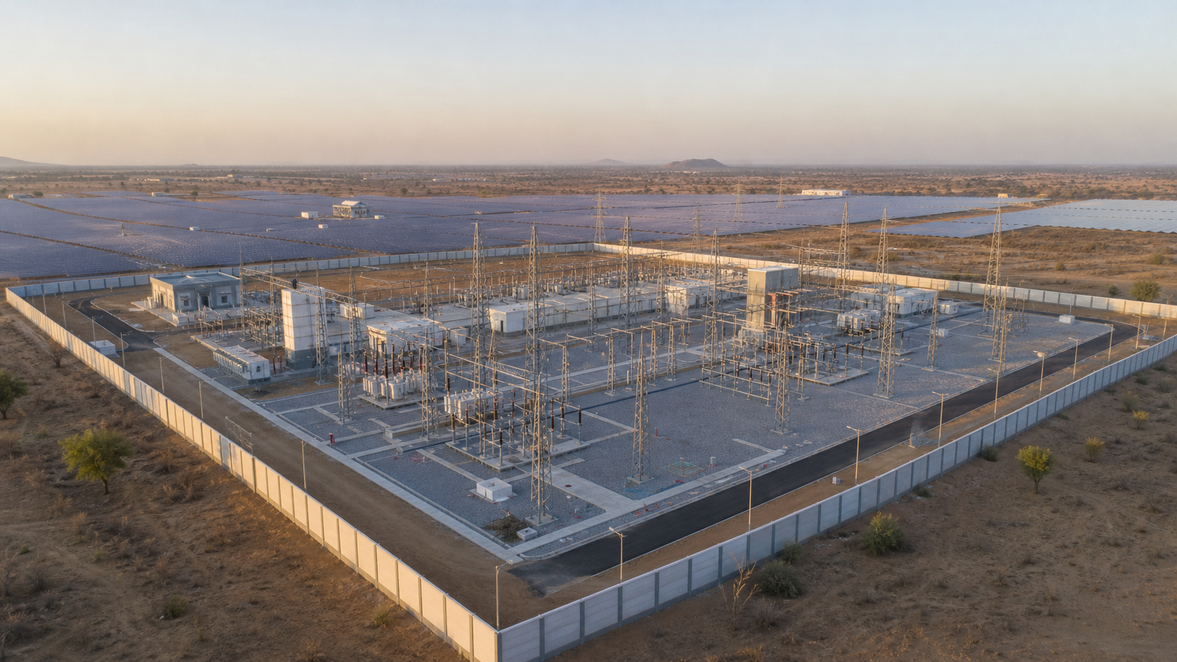 Solar energy substation and utility compound with a defined perimeter
