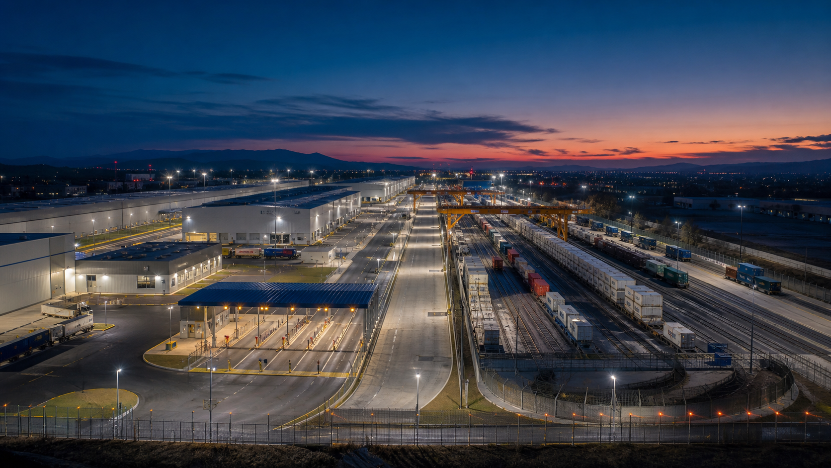 Intermodal rail freight and logistics terminal with a controlled perimeter at dusk