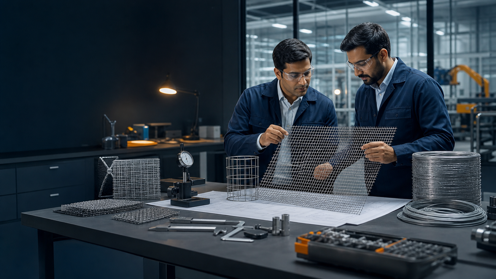 Engineers evaluating a steel mesh prototype in a development lab